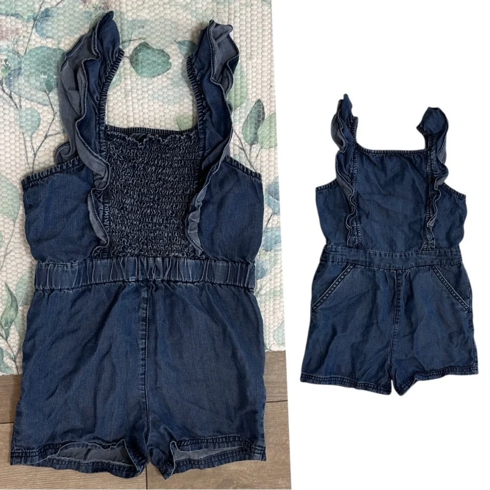 Vintage OshKosh B'gosh Toddler Girl Blue Denim Sleeveless Ruffle Smocked Romper
